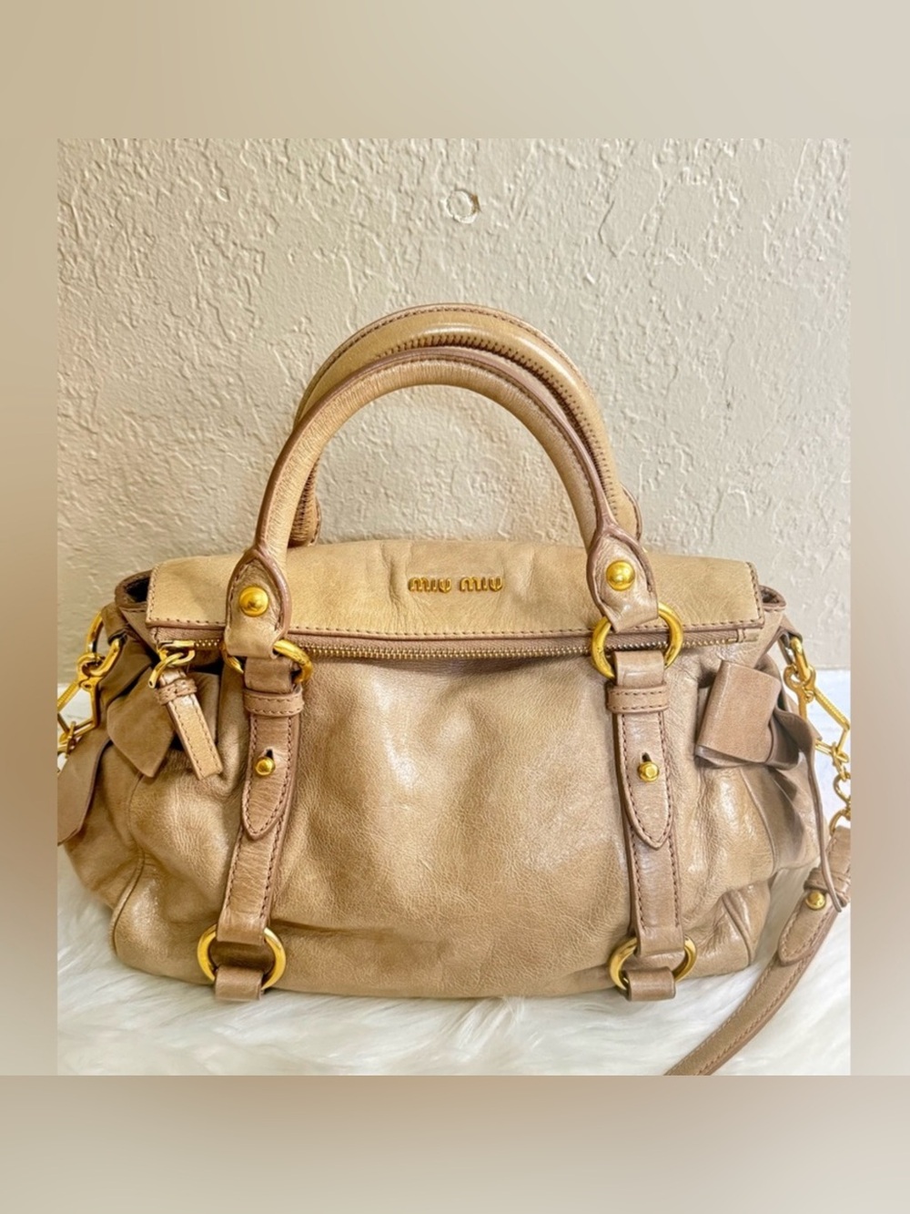 Miu Miu Beige Leather Satchel with Gold Hardware